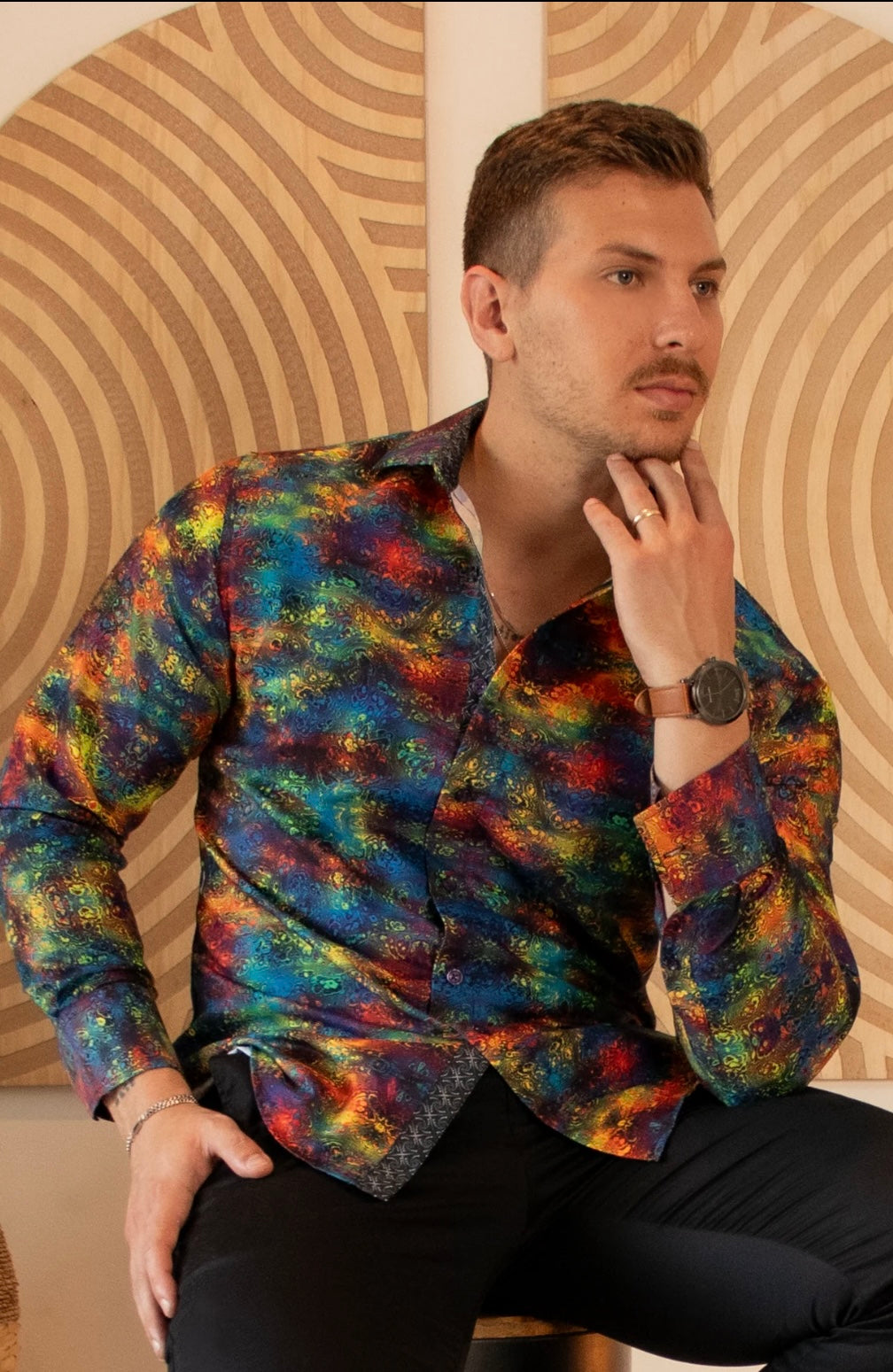 Bespoke Moda long sleeve button up dress shirt. Multi watercolors