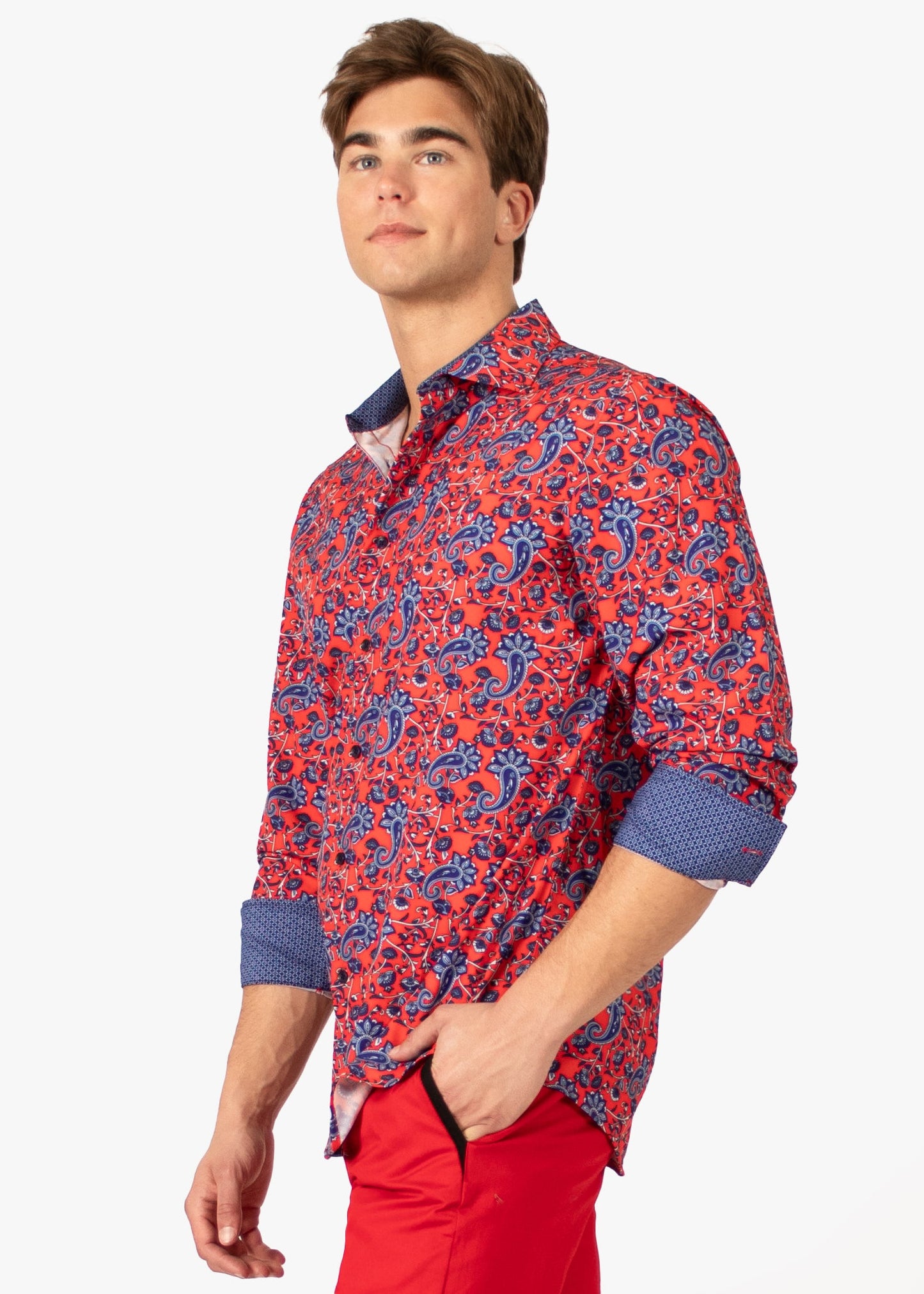 Bespoke Moda long sleeve button up dress shirt. Paisley red