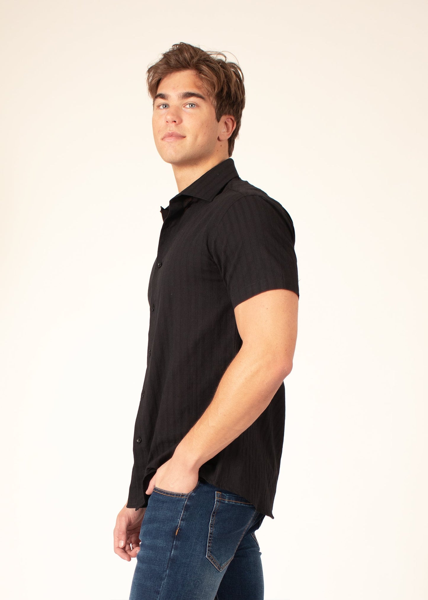 Bespoke short sleeve dress shirt. Soft stripes Black
