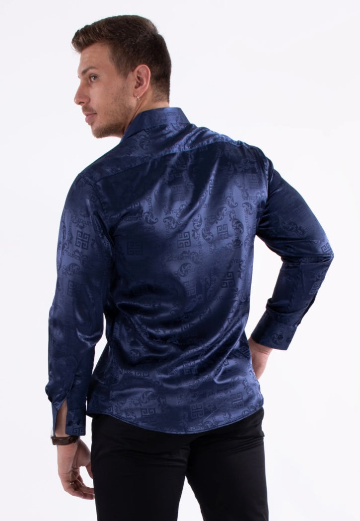 Bespoke Moda long sleeve button up dress shirt. Greek key navy shine