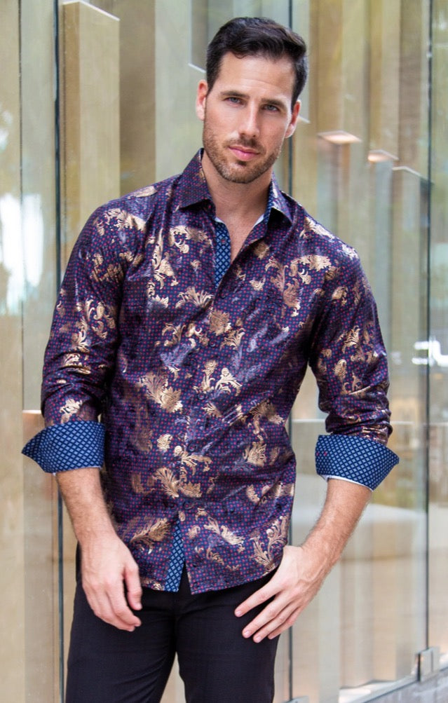 Bespoke Moda long sleeve button up dress shirt. Geo metalic floral