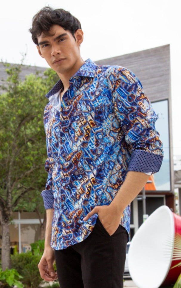 Bespoke Moda long sleeve button up dress shirt. Abstract Blue