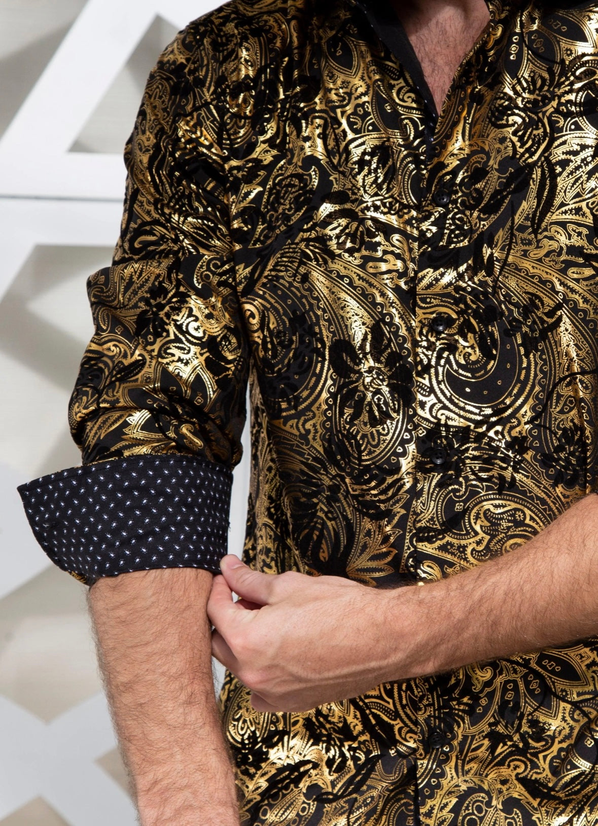 Bespoke Moda long sleeve button up dress shirt. Gold velvet texture mandala flower