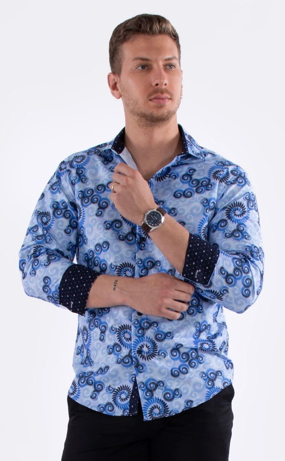 Bespoke Moda long sleeve button up dress shirt. Blue multi spiral