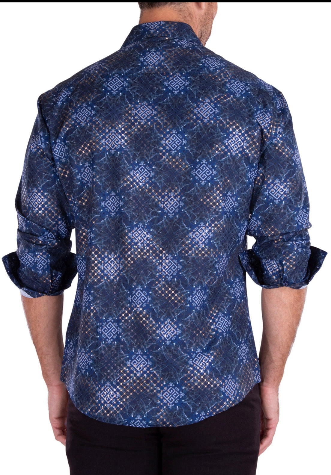 Bespoke Moda long sleeve button up dress shirt. golden web Navy
