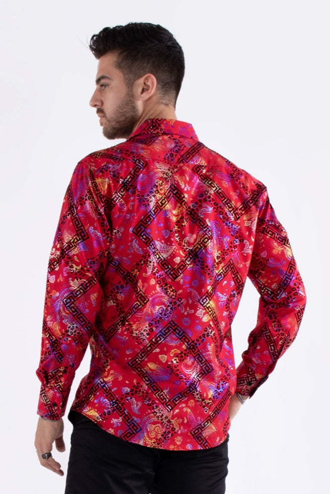 Bespoke Moda long sleeve button up dress dress shirt. Greek key red velvet accent