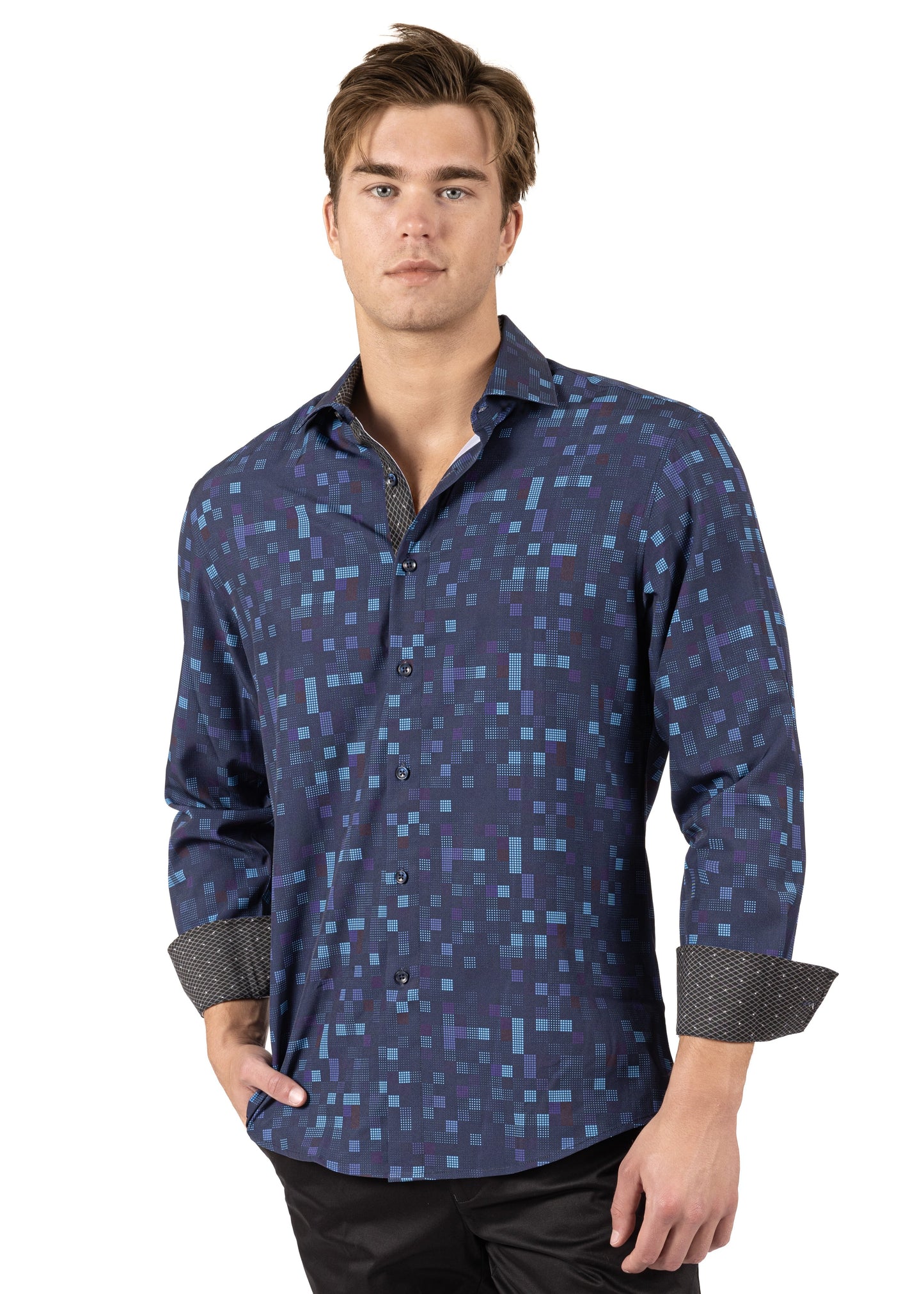Bespoke Pixel Dots Navy long sleeve button up dress dress shirt