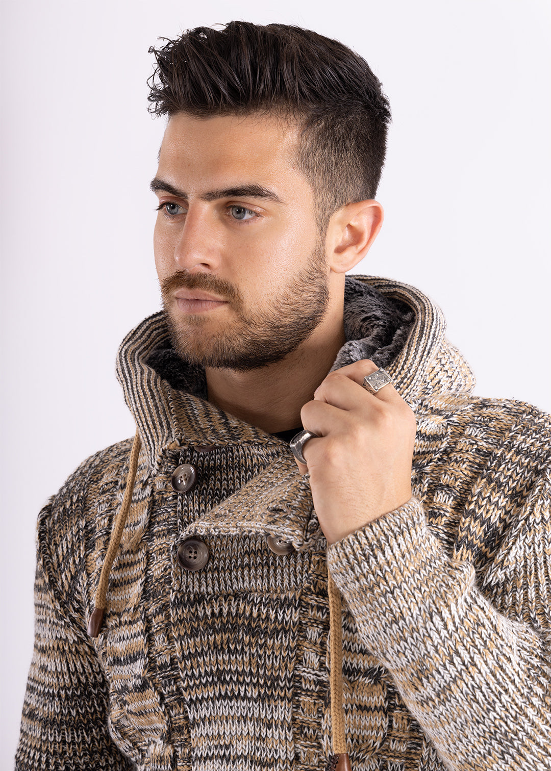 Bespoke Ribbed knit faux fur hooded pullover slim fit sweater - Beige