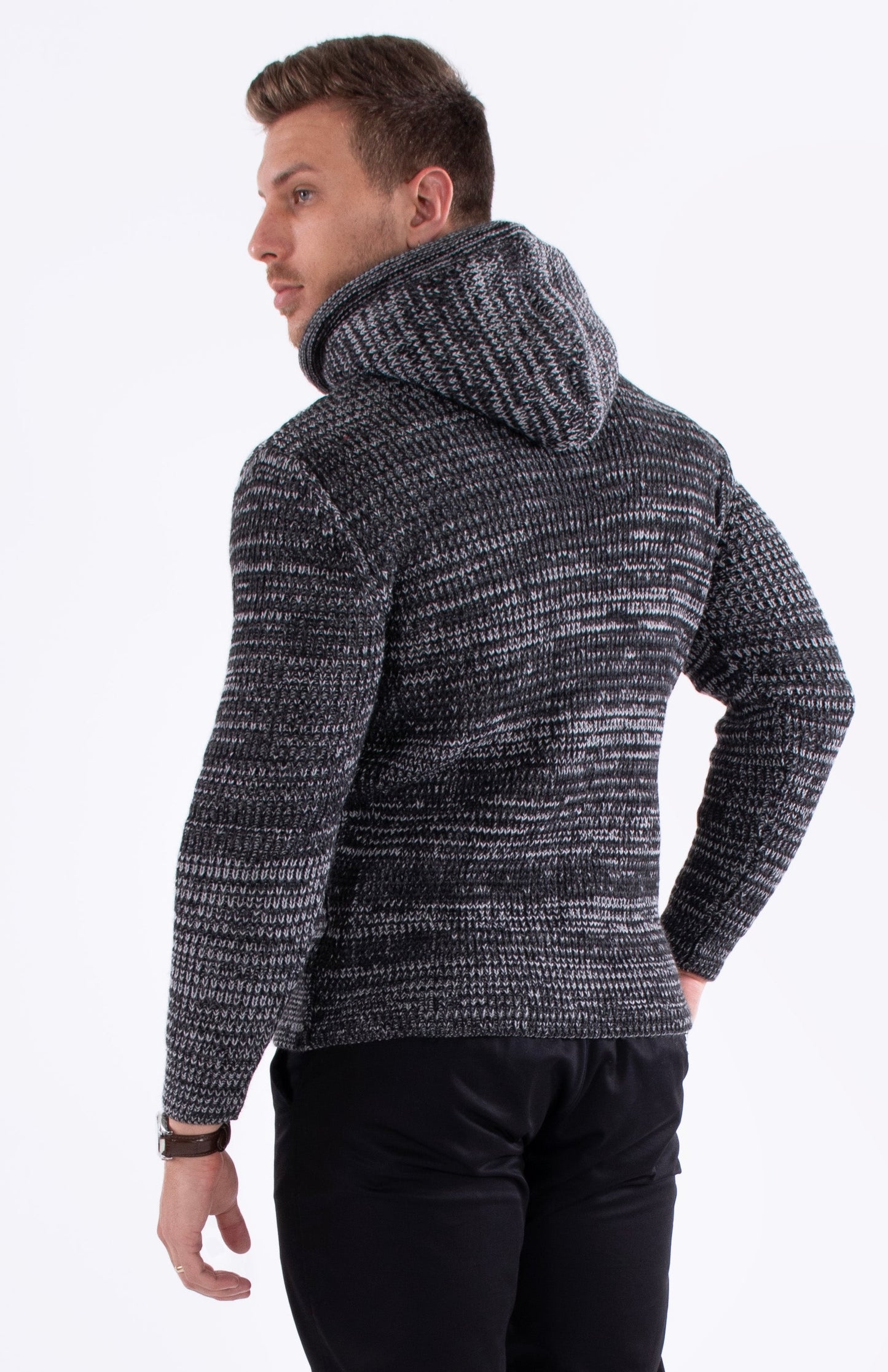 Bespoke Ribbed knit faux fur hooded pullover slim fit sweater - Black