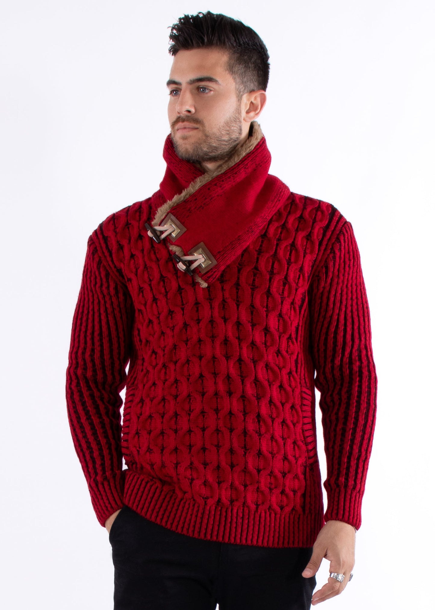 Bespoke faux fur lined collar herringbone slim fit sweater - Red