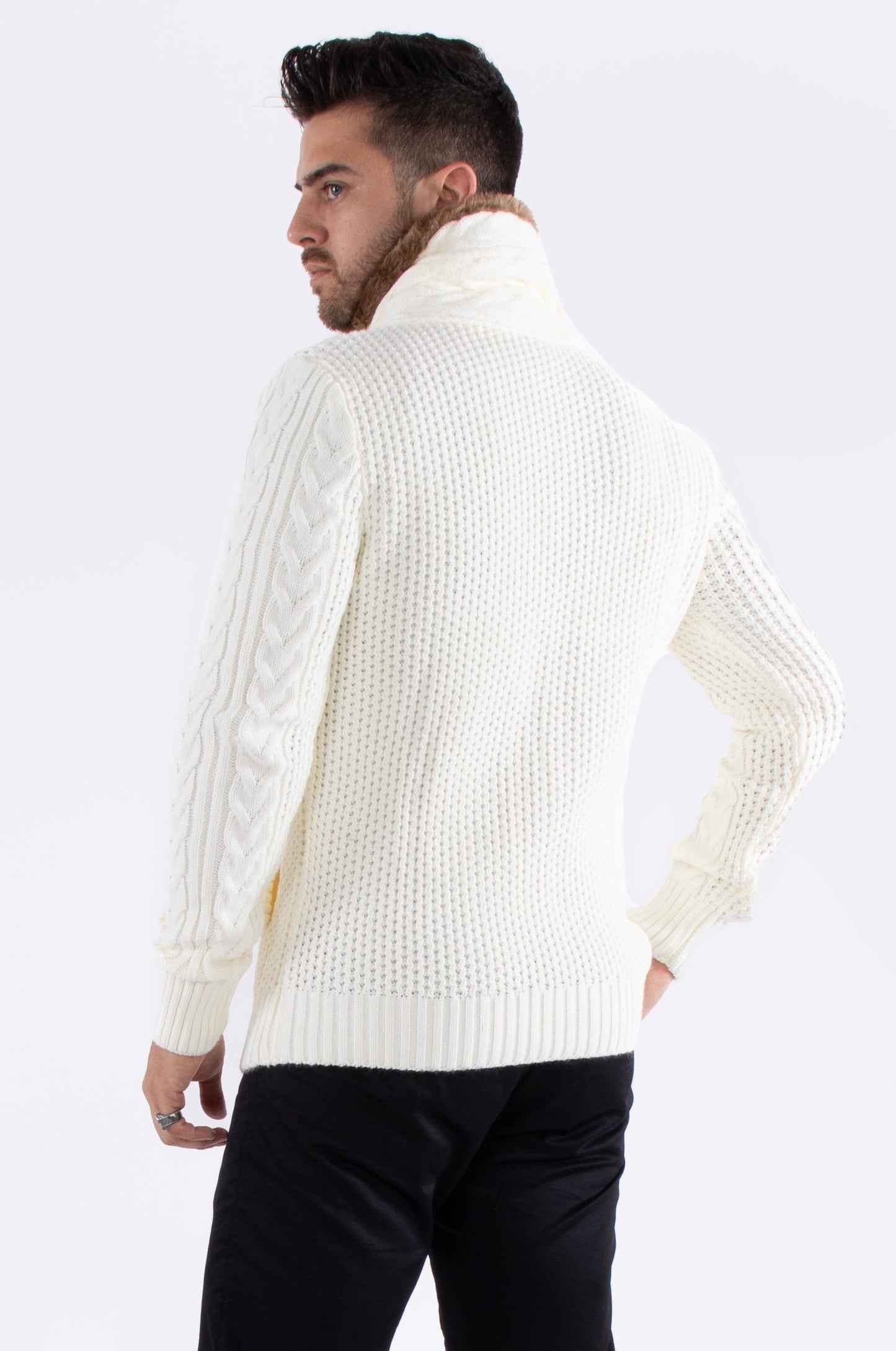 Bespoke Faux fur-lined collar button up slim fit sweater