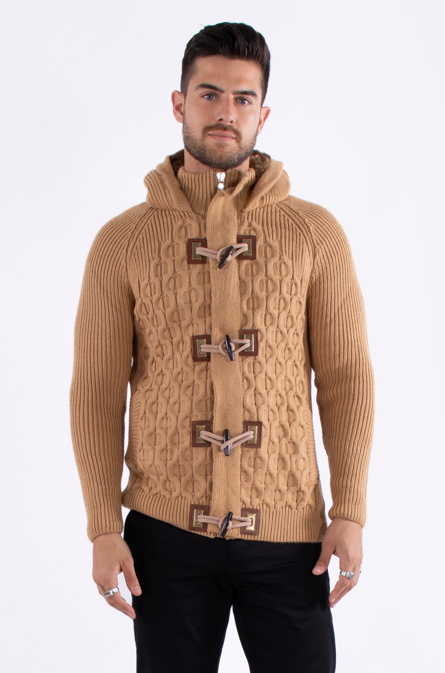 Bespoke Faux fur-lined hood full zipper European slim fit sweater - Tan