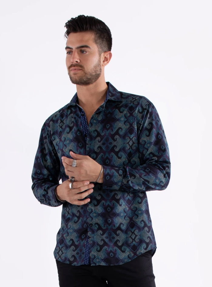 Bespoke Moda long sleeve button up dress shirt. Navy & green retro