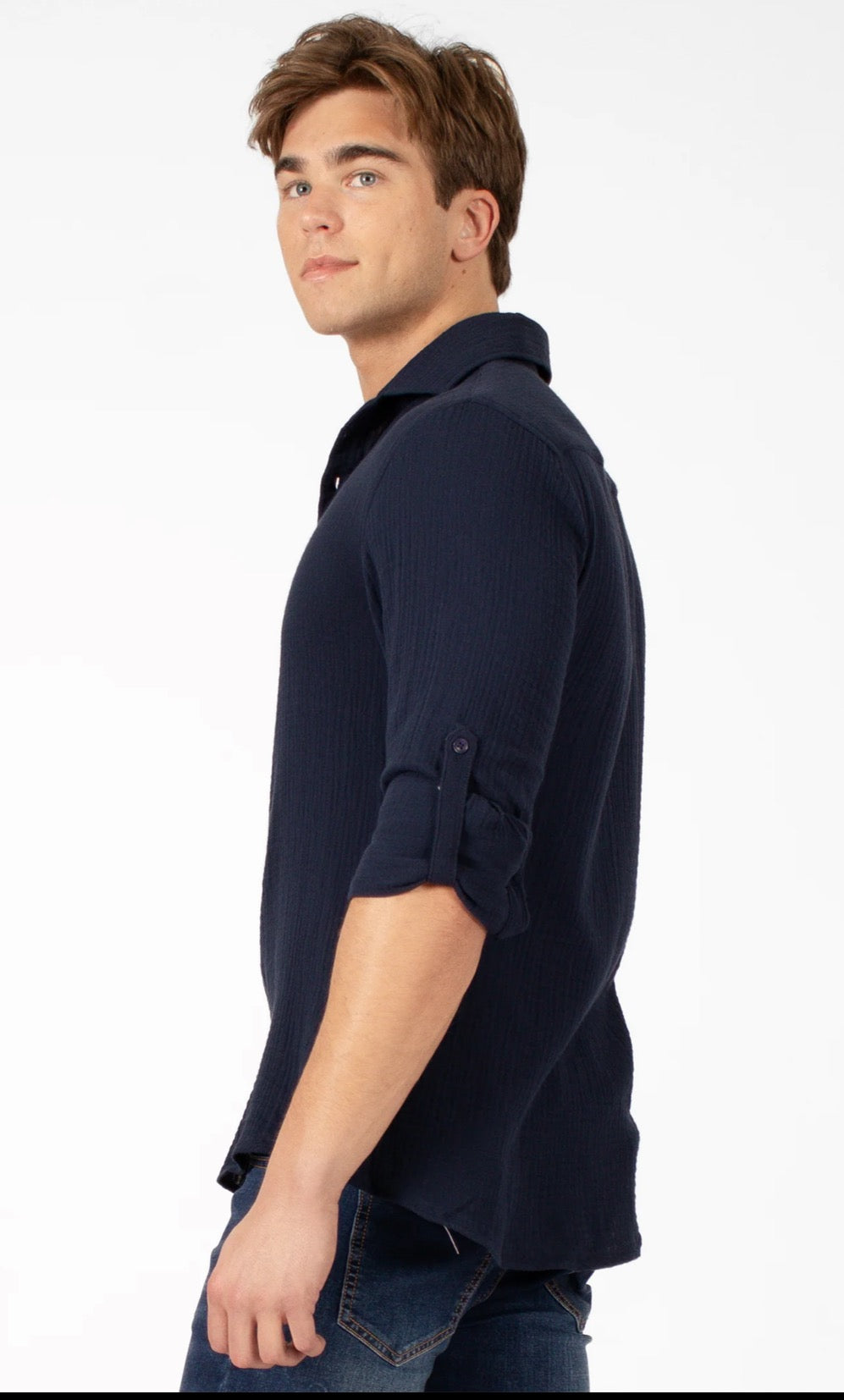 Bespoke textured cotton long sleeve button up dress shirt. Navy