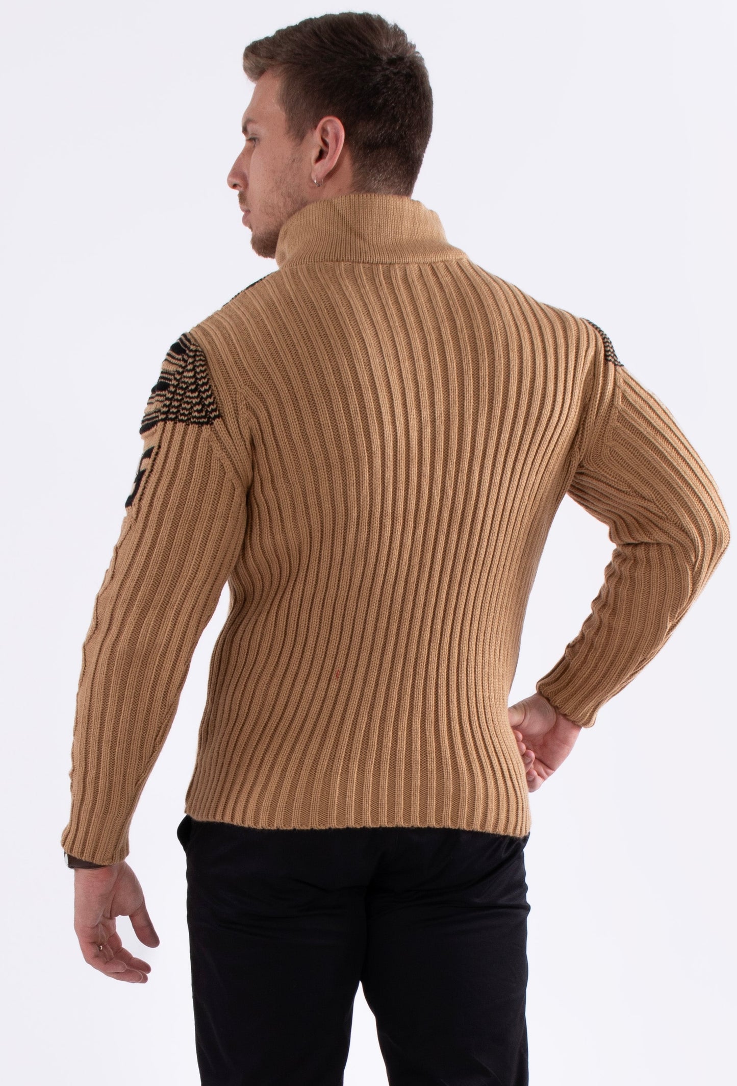 Bespoke zip collar cable knit greek key pullover slim fit sweater