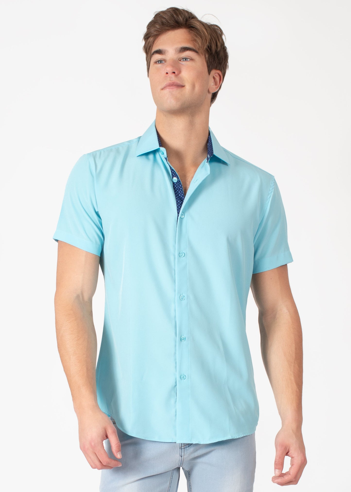 Bespoke short sleeve dress shirt. Textured collar turquoise