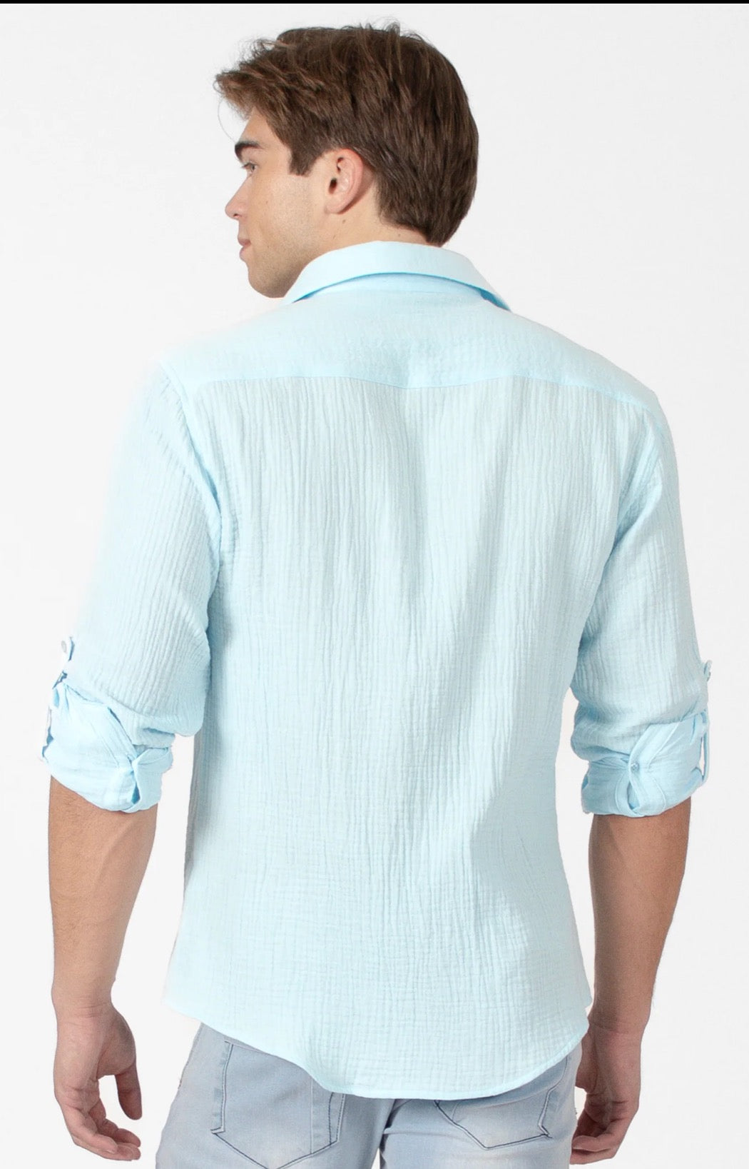 Bespoke textured cotton long sleeve button up dress shirt. Aqua