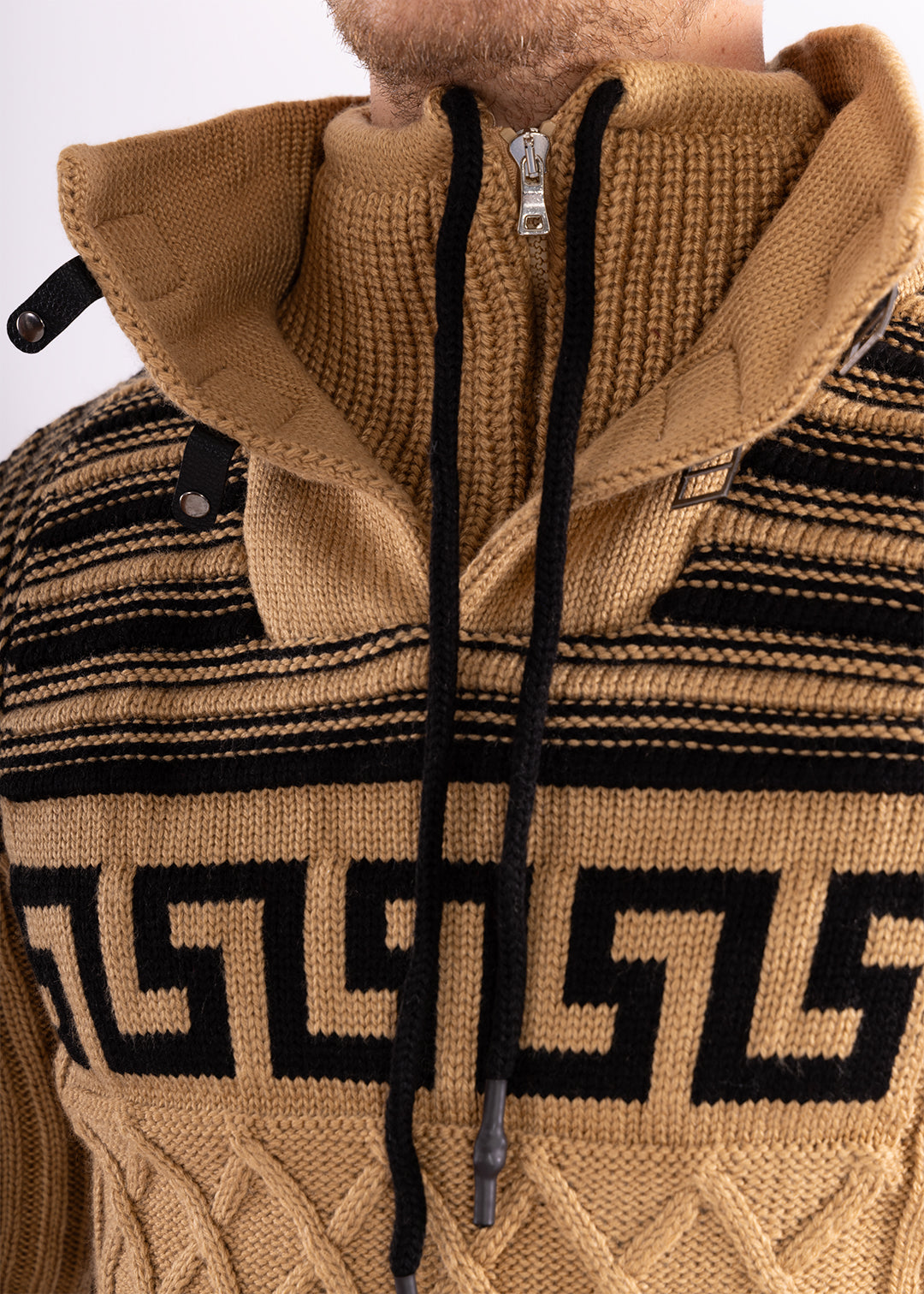 Bespoke zip collar cable knit greek key pullover slim fit sweater