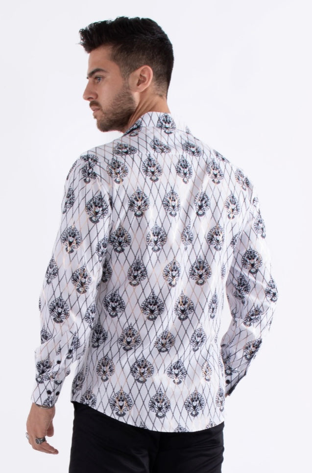 Bespoke Moda long sleeve button up dress shirt. White diagonal lines fleur