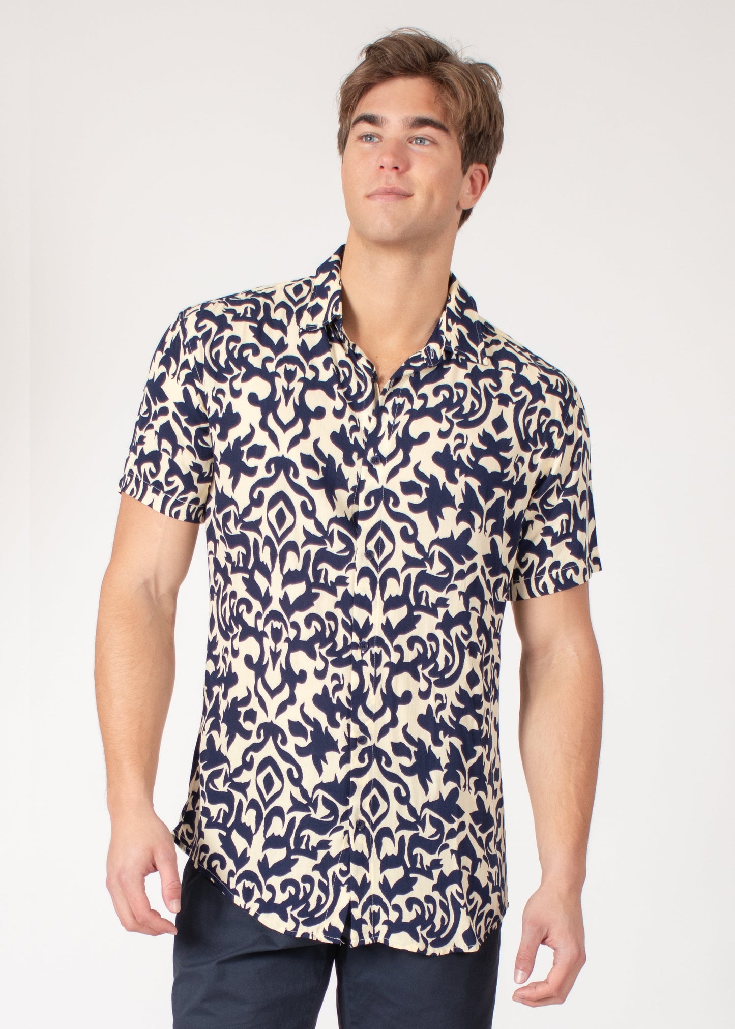 Bespoke short sleeve dress shirt. Navy abstract