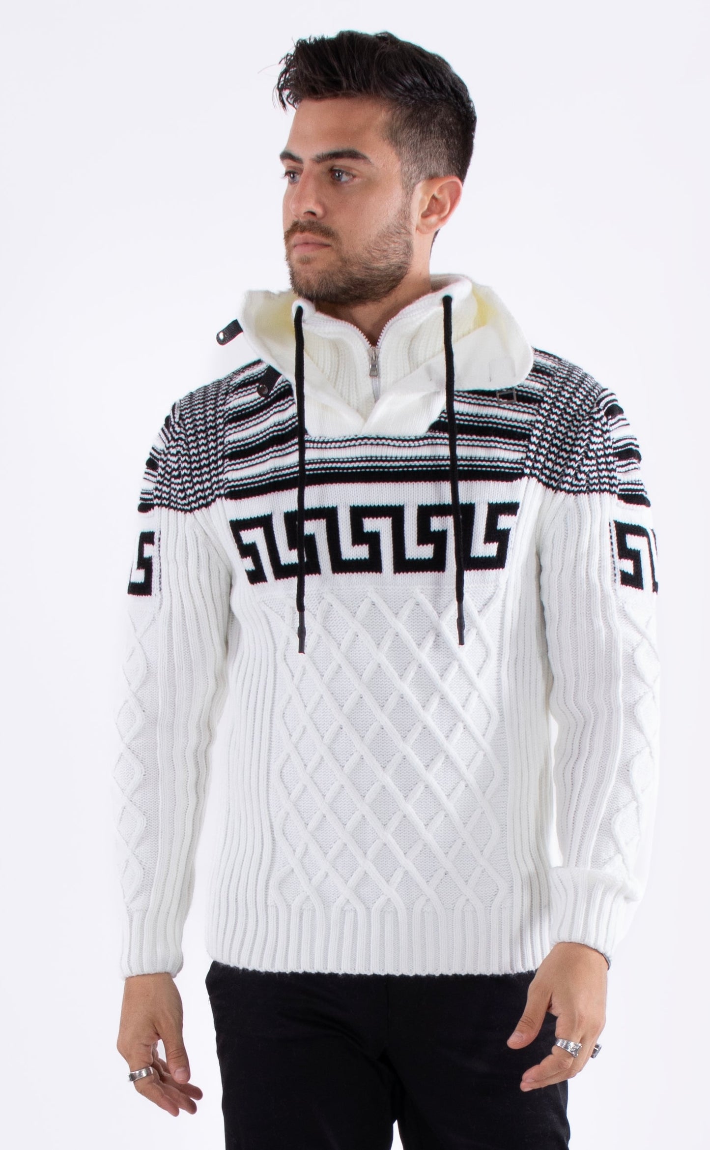 Bespoke zip collar cable knit greek key pullover slim fit sweater
