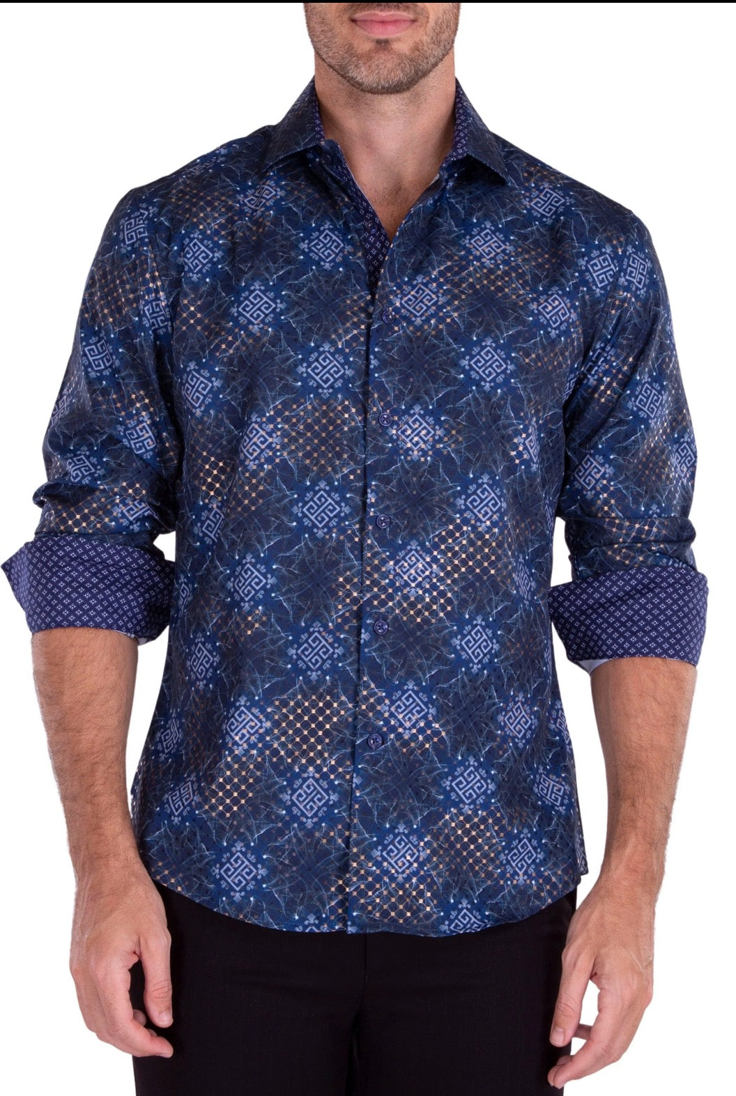 Bespoke Moda long sleeve button up dress shirt. golden web Navy