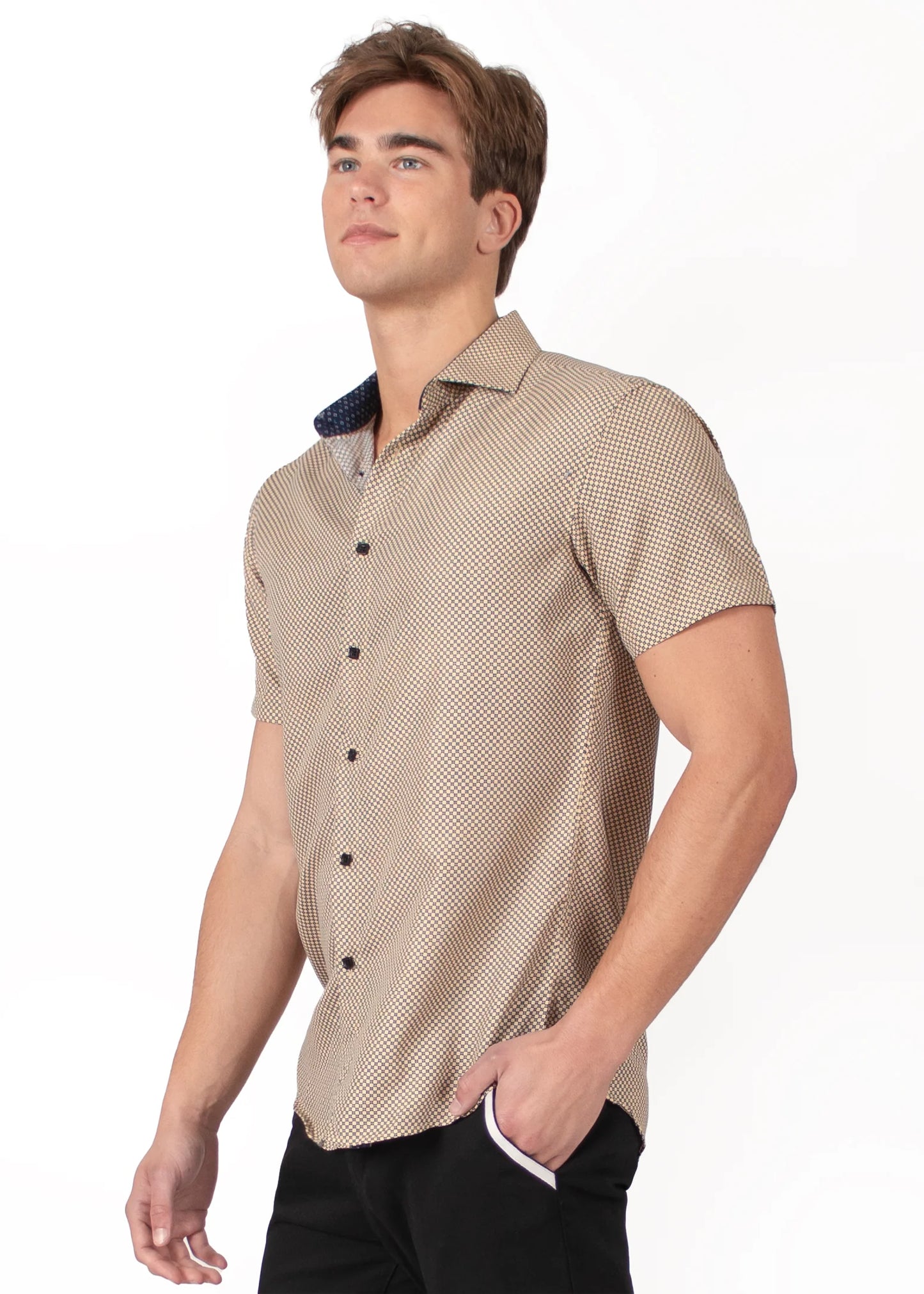Bespoke bc collection button up dress shirt. Dot dash beige