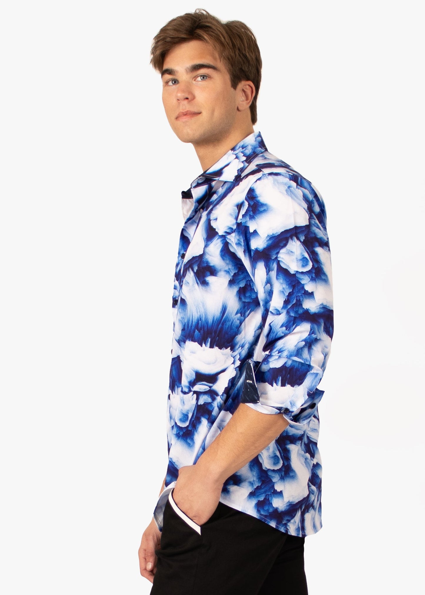 Bespoke Moda long sleeve button up dress shirt. Brushed blue