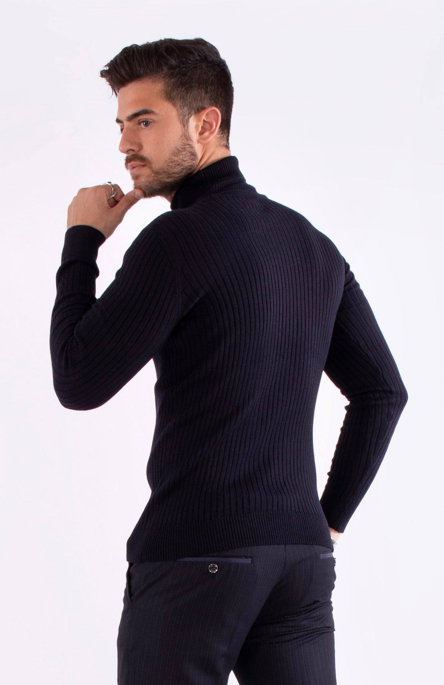 Bespoke turtleneck ribbed European slim fit sweater - Navy