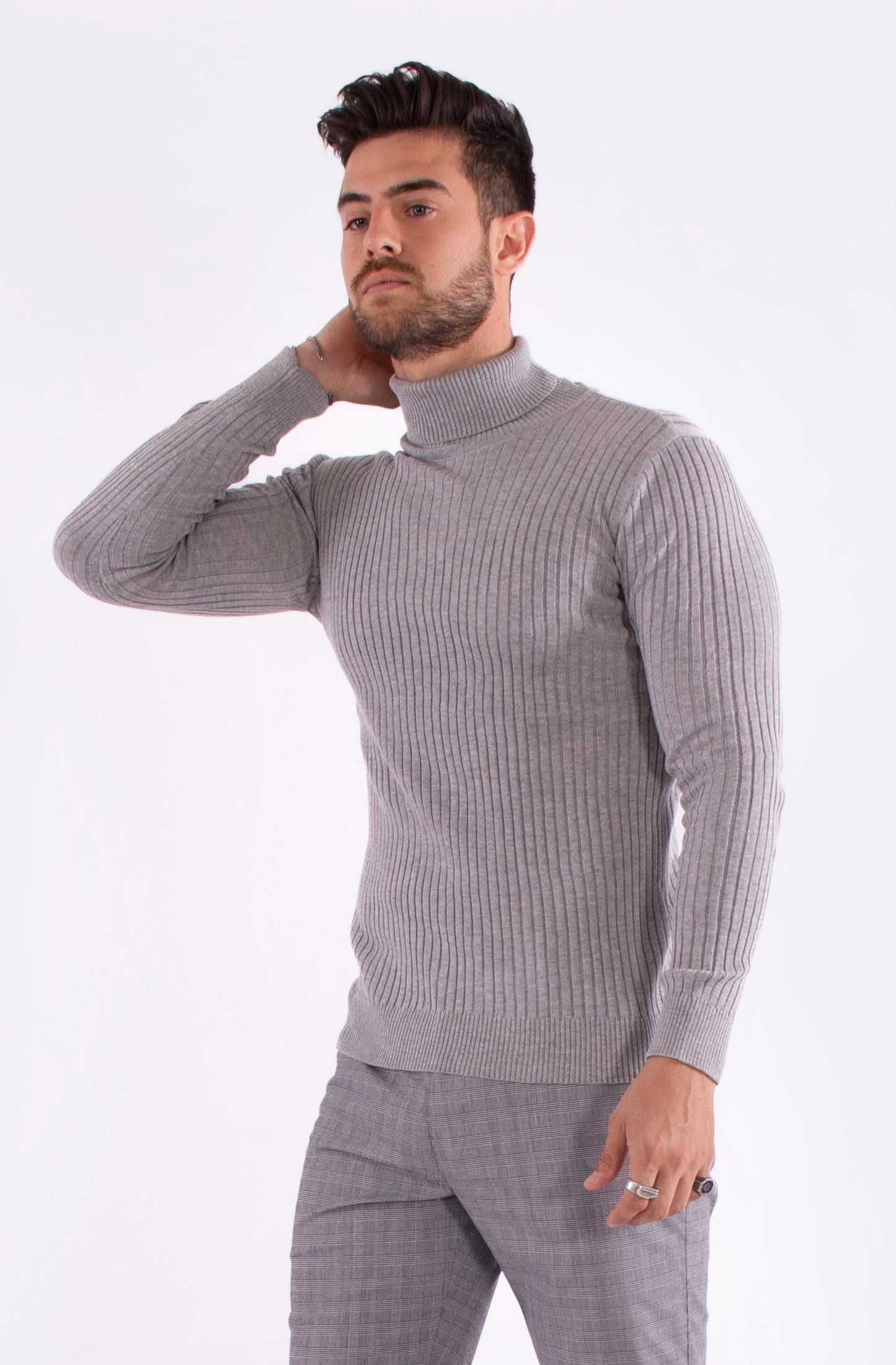 Bespoke turtleneck ribbed European slim fit sweater - gray