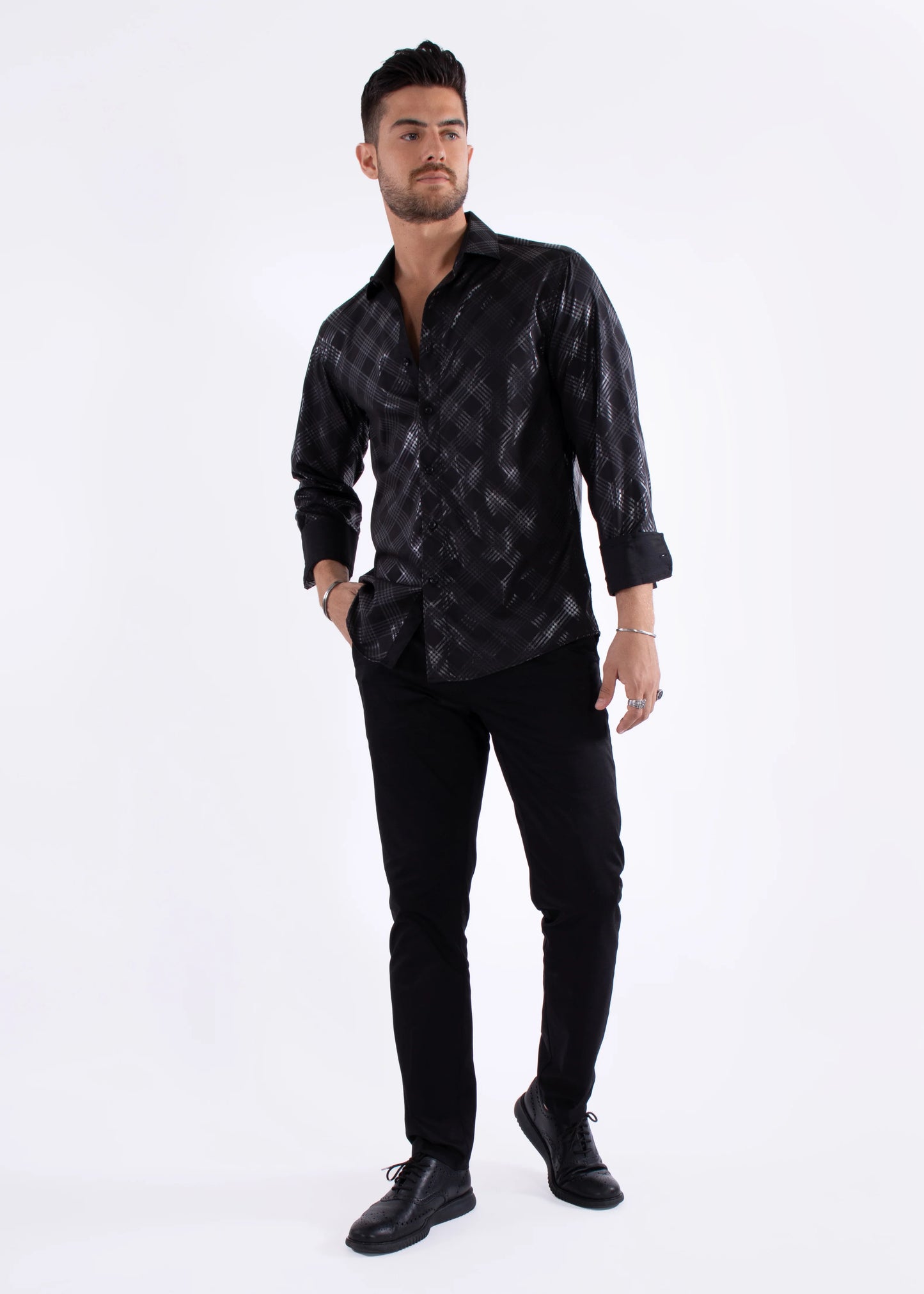Bespoke Moda Black Metalica Criss Cross Pattern Long Sleeve Dress shirt