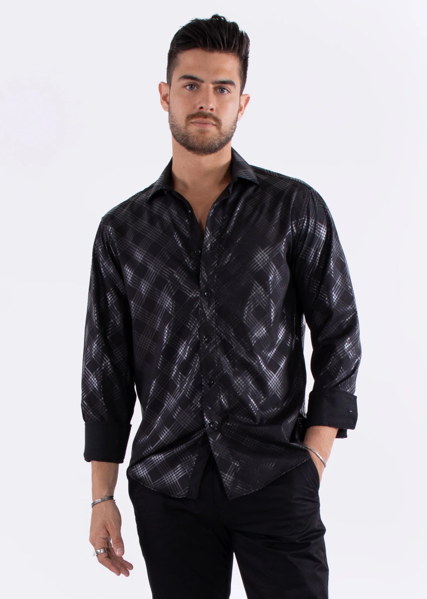 Bespoke Moda Black Metalica Criss Cross Pattern Long Sleeve Dress shirt