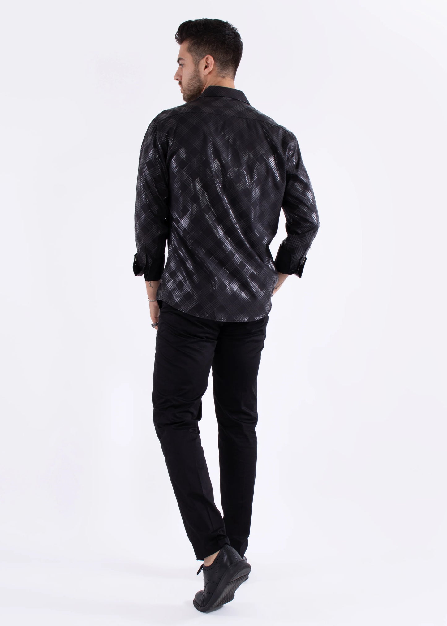 Bespoke Moda Black Metalica Criss Cross Pattern Long Sleeve Dress shirt