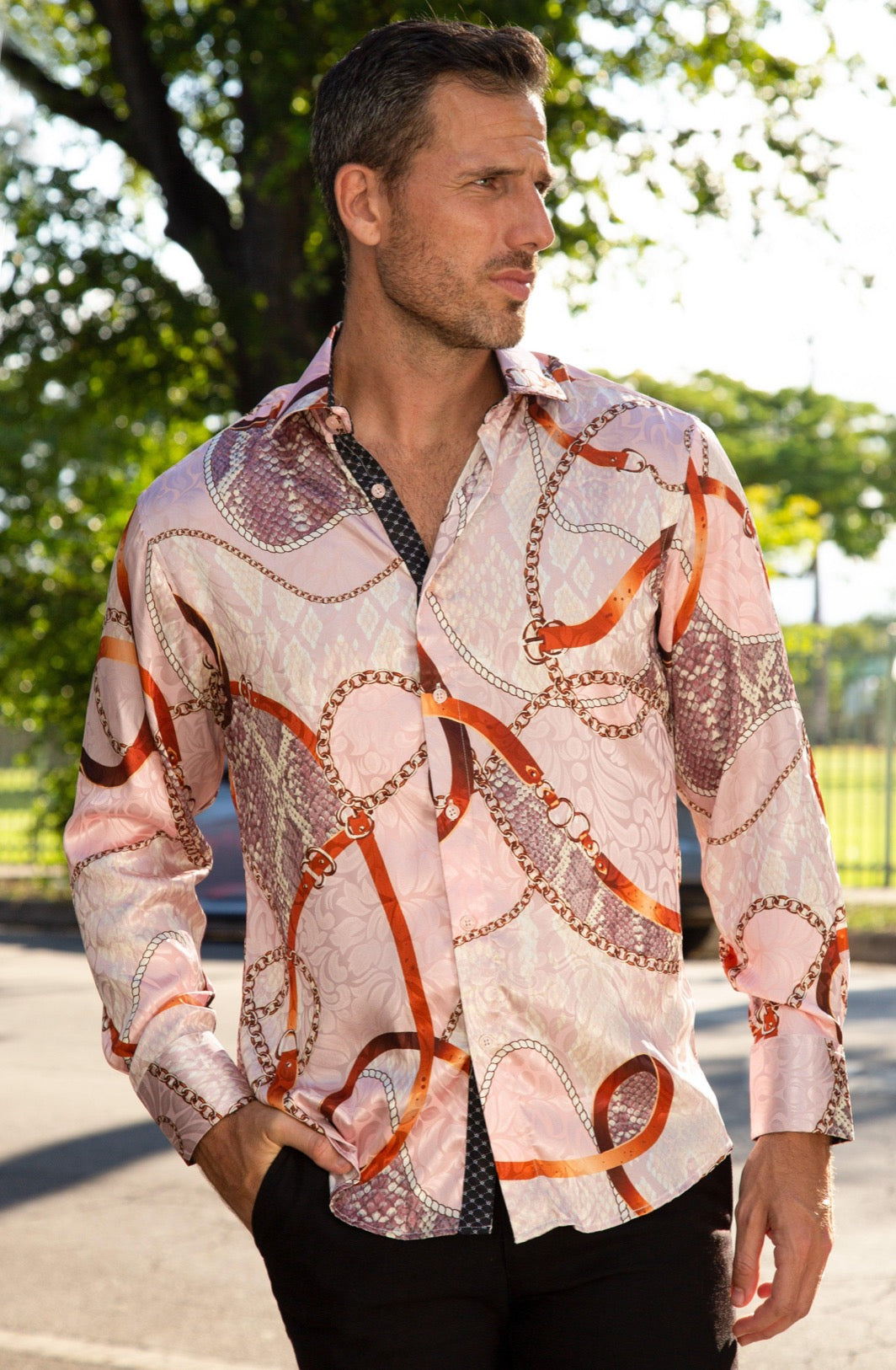 Bespoke Moda long sleeve button up dress shirt. Pink Baroque motif silk texture