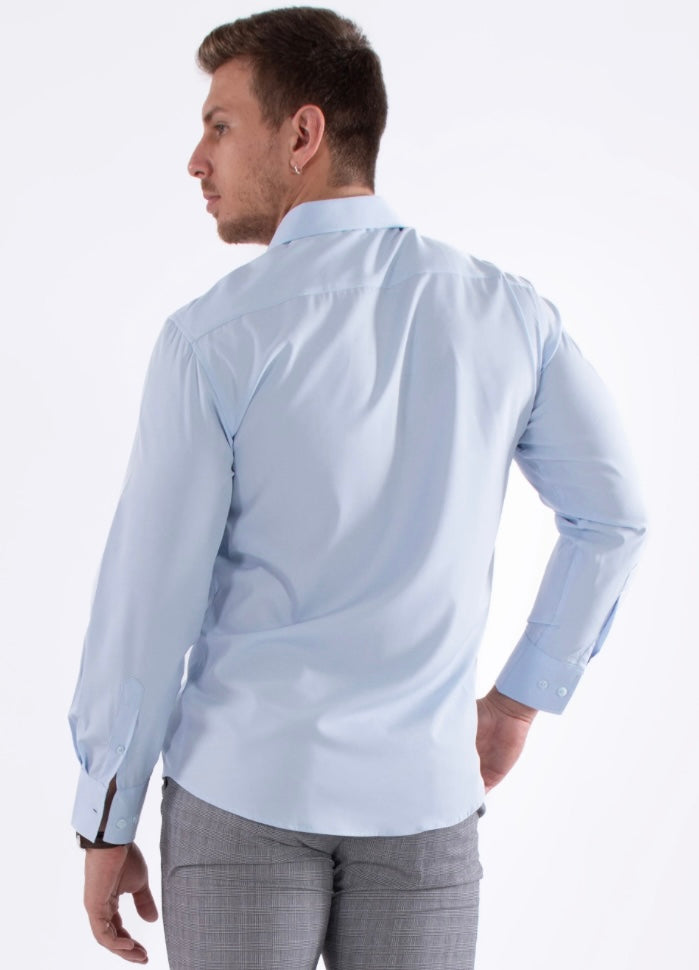 Bespoke Performance stretch fit long sleeve button up dress shirt. Sky blue