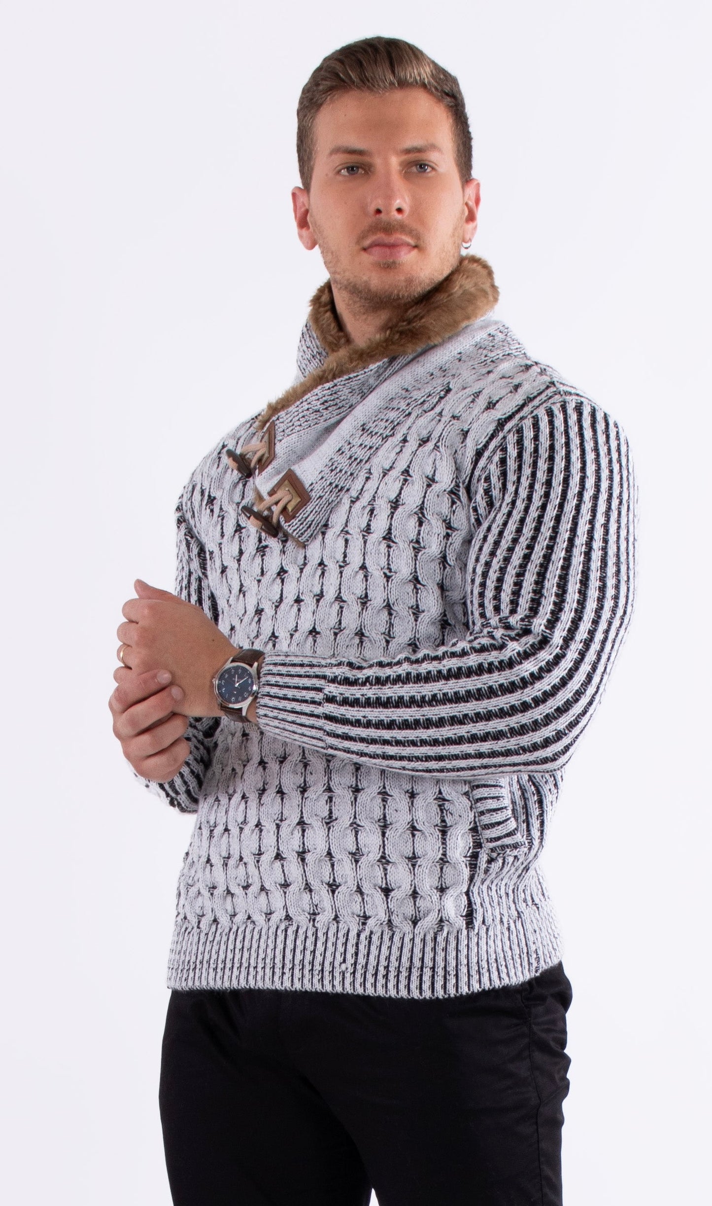 Bespoke faux fur lined collar herringbone slim fit sweater - White