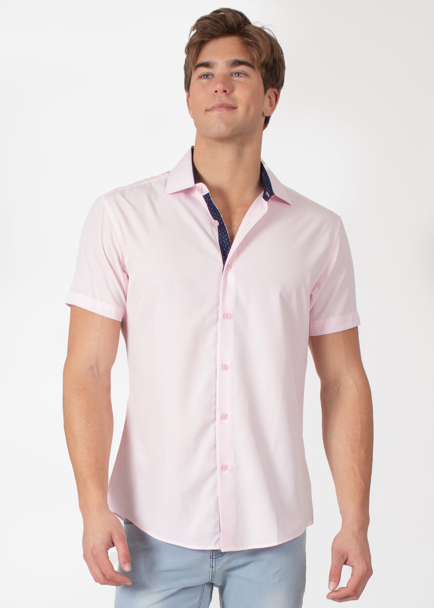 Bespoke short sleeve dress shirt. Textured collar Pink