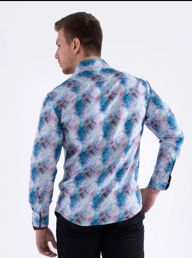 Bespoke Moda long sleeve button up dress shirt. Pastel paisley