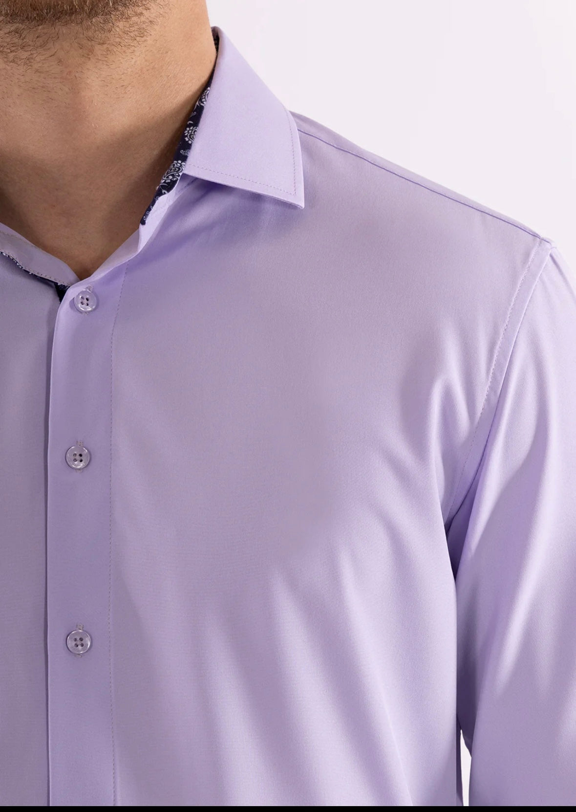 Bespoke Performance stretch fit long sleeve button up dress shirt. Lilac