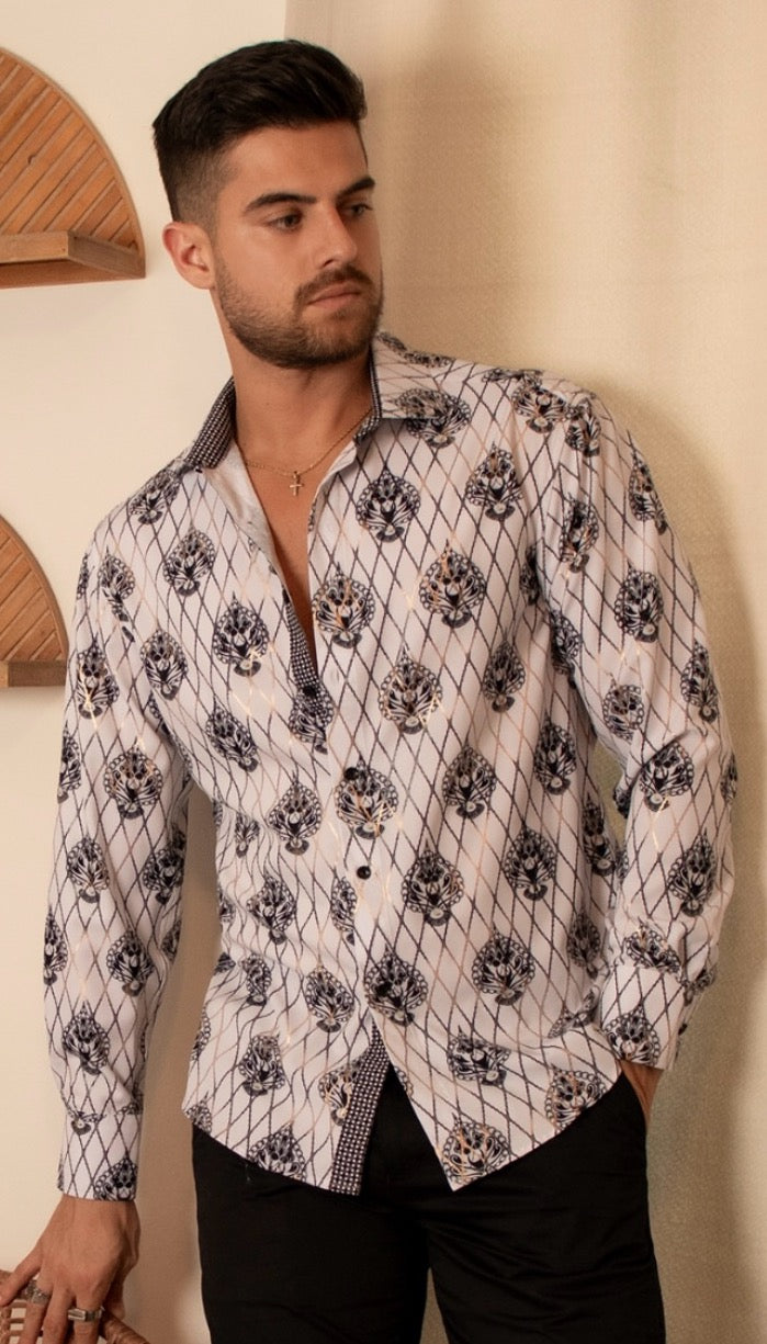 Bespoke Moda long sleeve button up dress shirt. White shiny royal