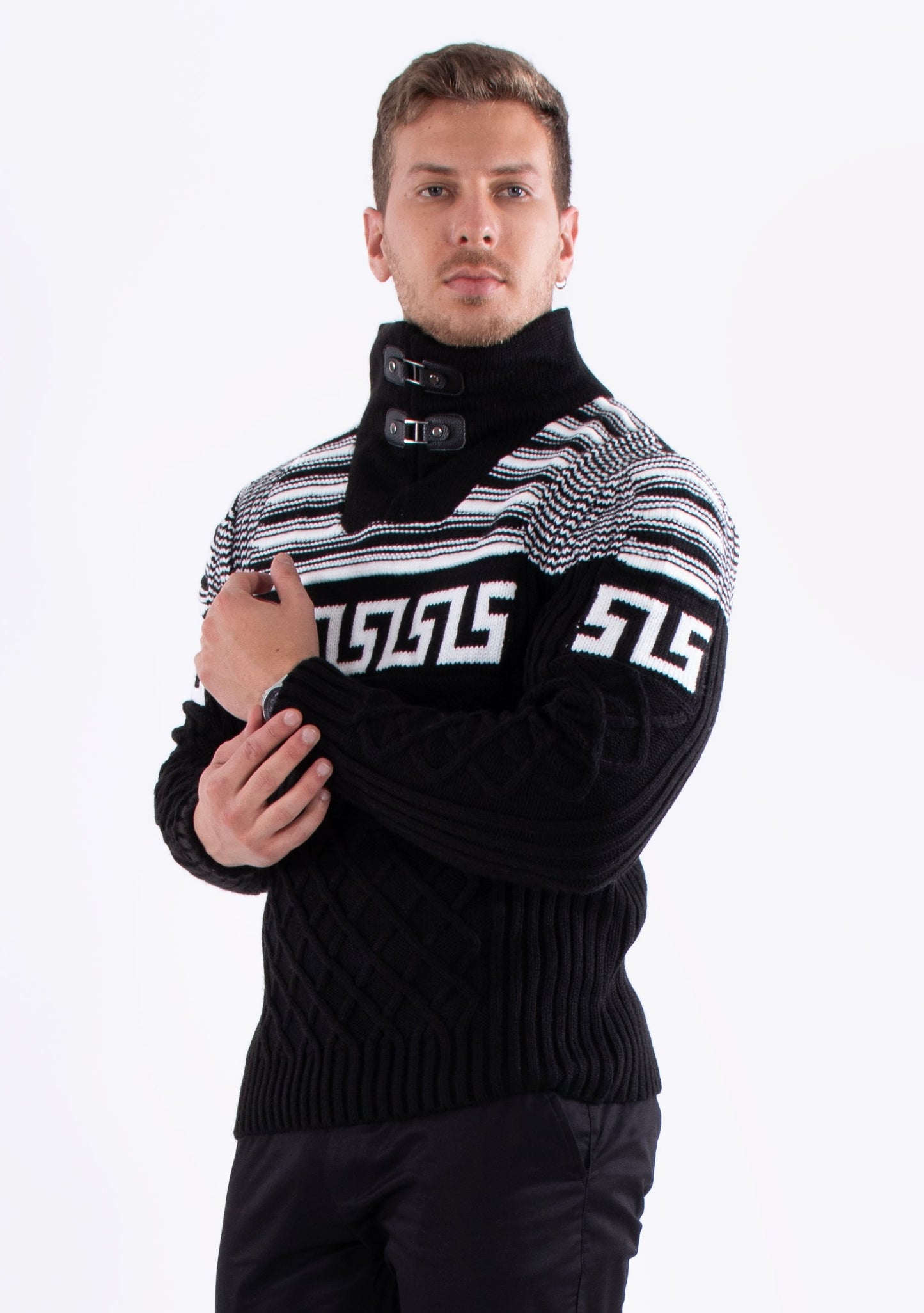 Bespoke zip collar cable knit greek key pullover slim fit sweater