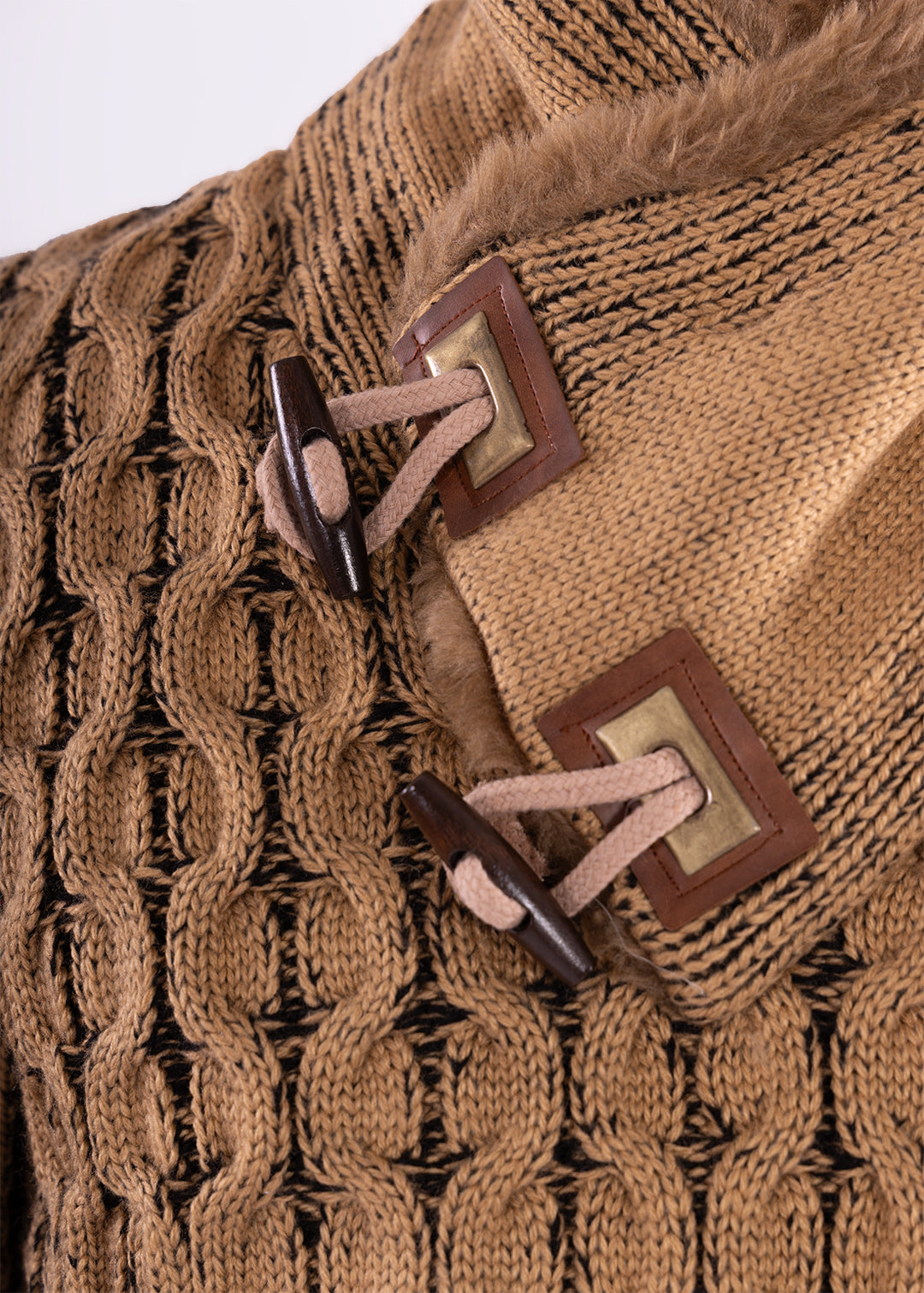 Bespoke faux fur lined collar herringbone slim fit sweater - Tan