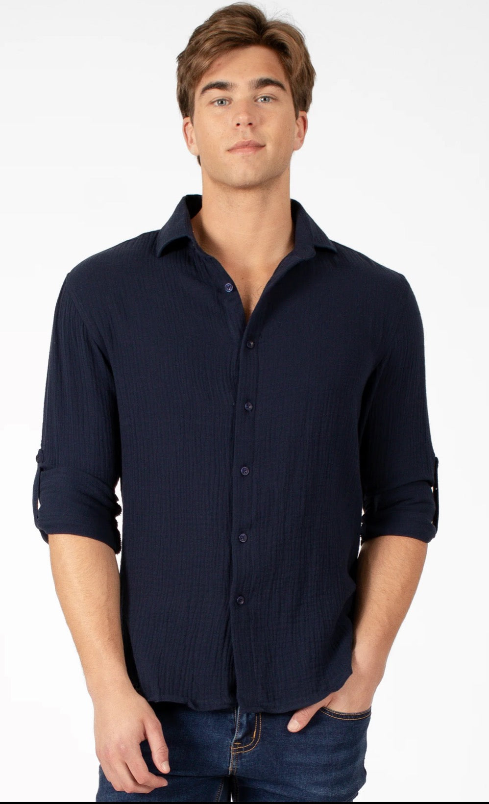 Bespoke textured cotton long sleeve button up dress shirt. Navy