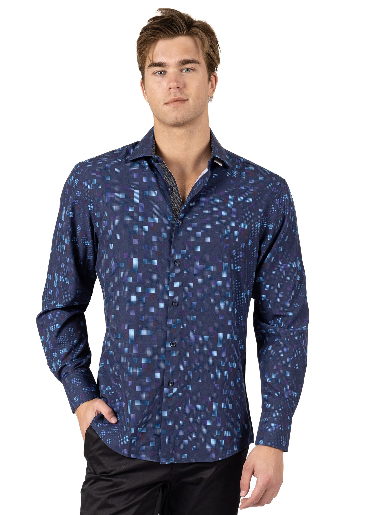 Bespoke Pixel Dots Navy long sleeve button up dress dress shirt