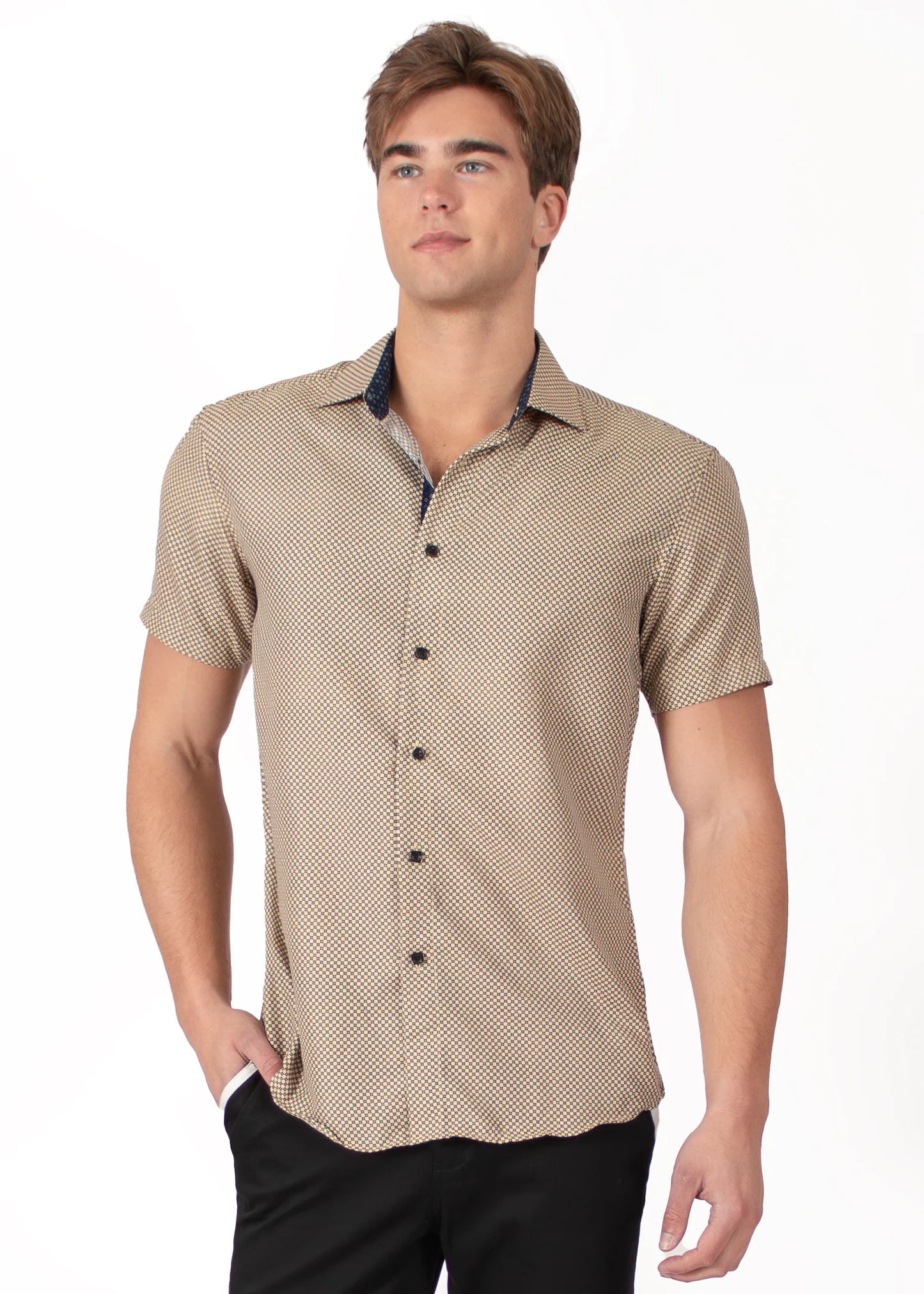 Bespoke bc collection button up dress shirt. Dot dash beige