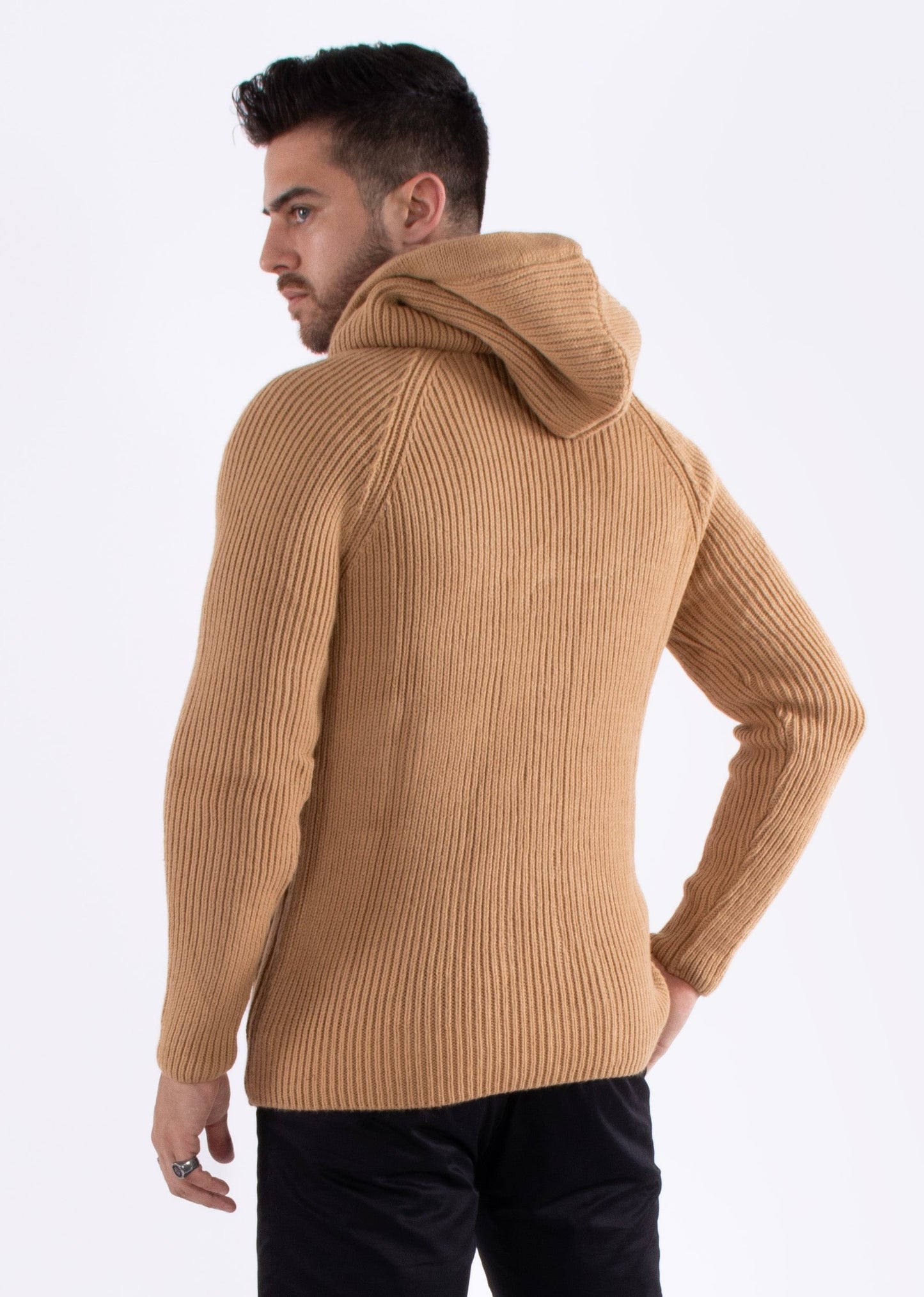 Bespoke Faux fur-lined hood full zipper European slim fit sweater - Tan