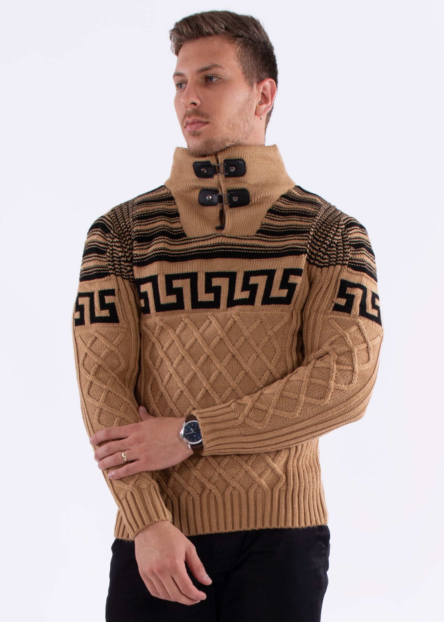 Bespoke zip collar cable knit greek key pullover slim fit sweater