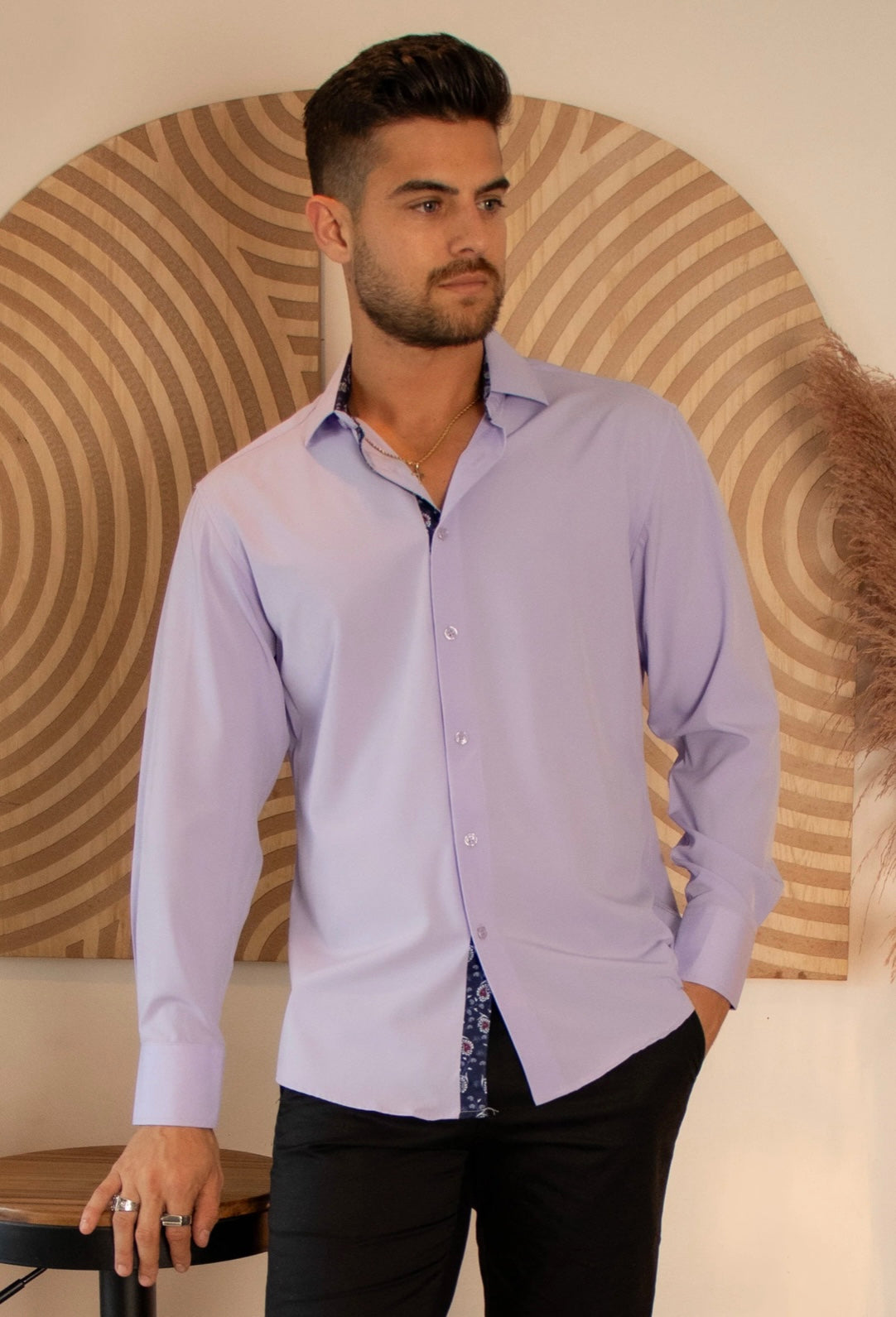 Bespoke Performance stretch fit long sleeve button up dress shirt. Lilac
