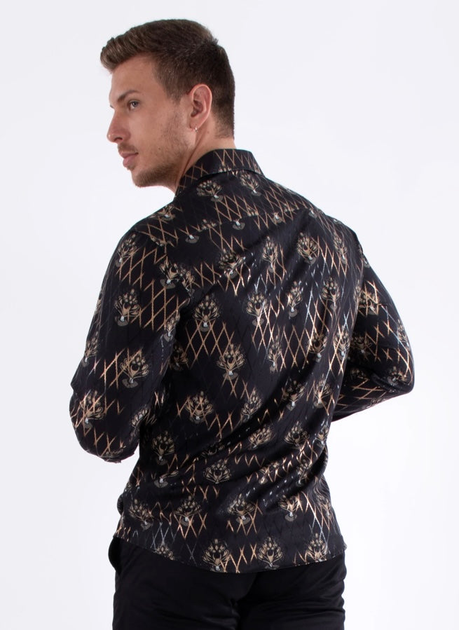 Bespoke Moda long sleeve button up dress shirt. Black diagonal lines Fleur