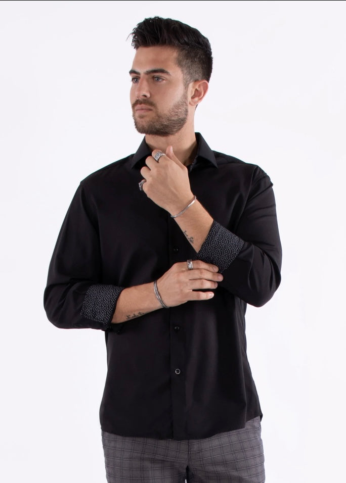 Bespoke Performance stretch fit long sleeve button up dress shirt. Black